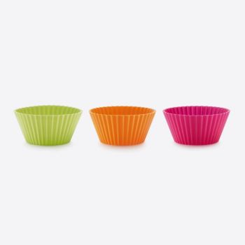 Lékué set of 6 ribbed silicone muffin molds pink; orange and green Ø 7cm H 3.5cm